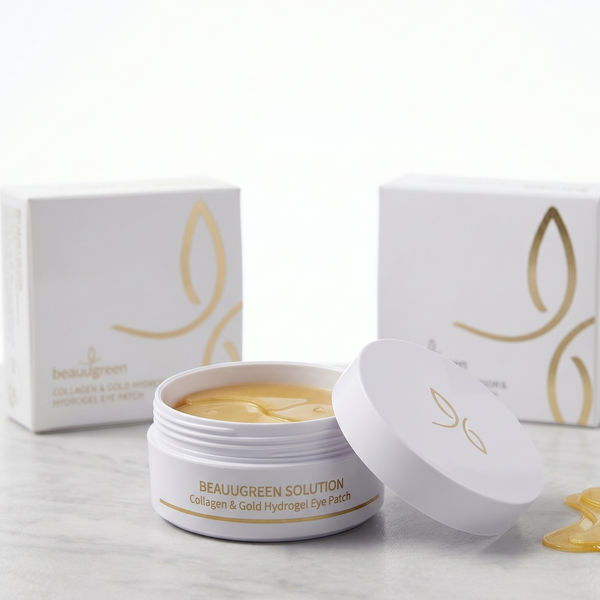Beauugreen Solution collagen and gold hydrogel eye patch container with packaging on a white background