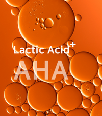 Bubbles on an orange background with 'Lactic Acid + AHA' text.