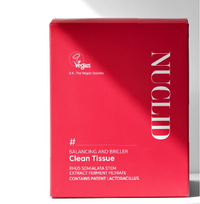 Red box of NUCLD clean tissue with branding and product details on a white background