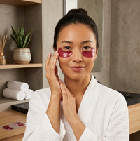 Woman applying eye patches in a bathroom setting